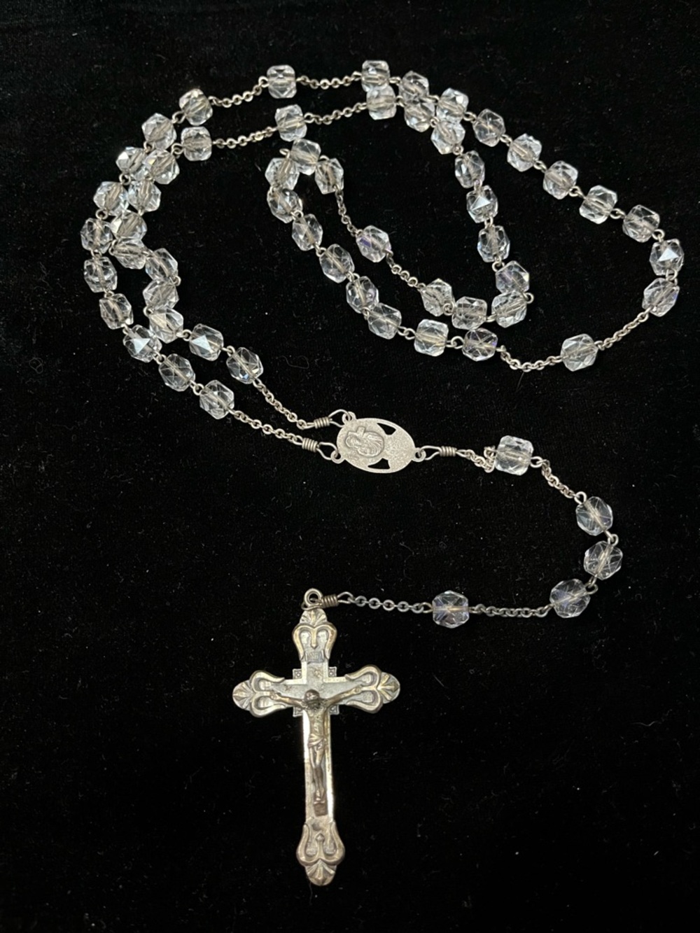 1679 Vintage Sterling Silver Rosary with Clear Crystal